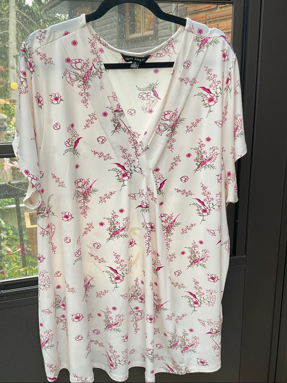 Lane Bryant White Floral Short-Sleeve Tunic with Pink Print